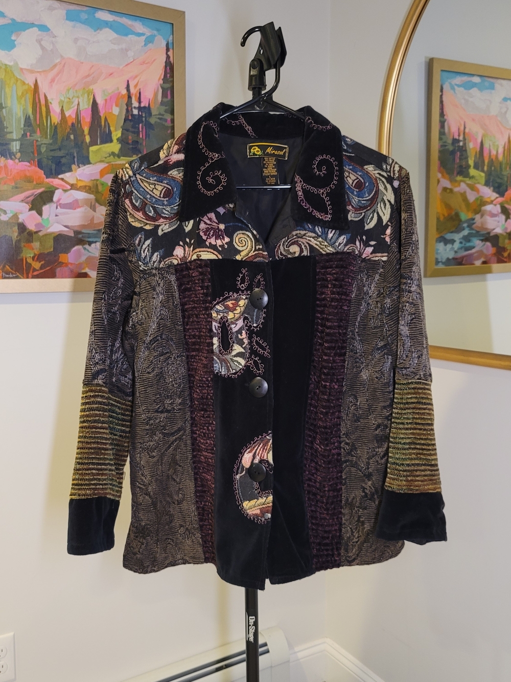 Vintage MIRASOL Mixed Media Patchwork Jacket Floral Paisley Boho Women's Size L